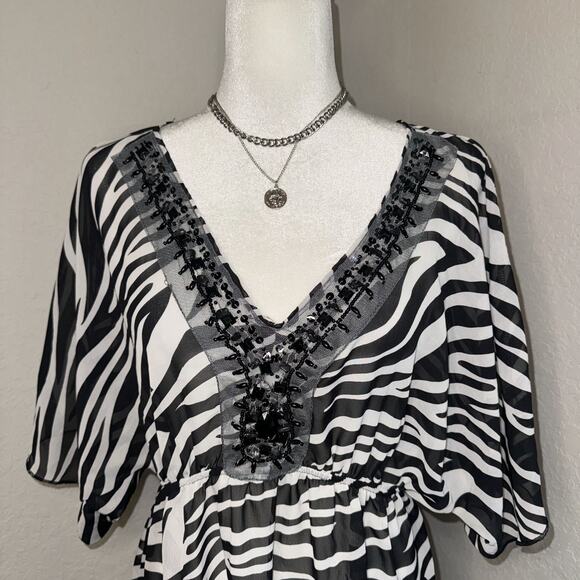 Miken Cover Up Dress Women's Large White Black Zebra Print Beaded Empire Waist - Picture 4 of 9